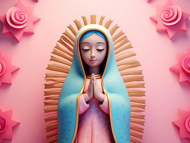 Mooie Maagd Maria Onze-Lieve-Vrouw van Guadalupe 3D-karakterontwerp speels cartoonmodel