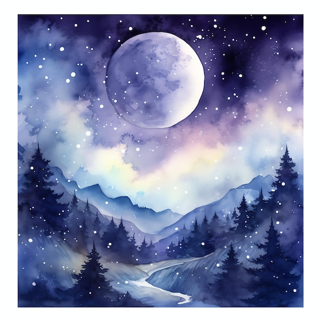 mooie maanverlichte nacht fantasie aquarel sprookje clipart illustratie