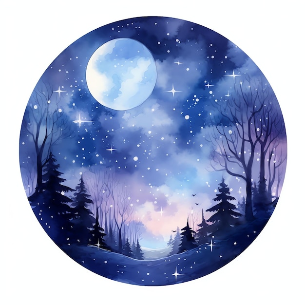 mooie maanverlichte nacht fantasie aquarel sprookje clipart illustratie