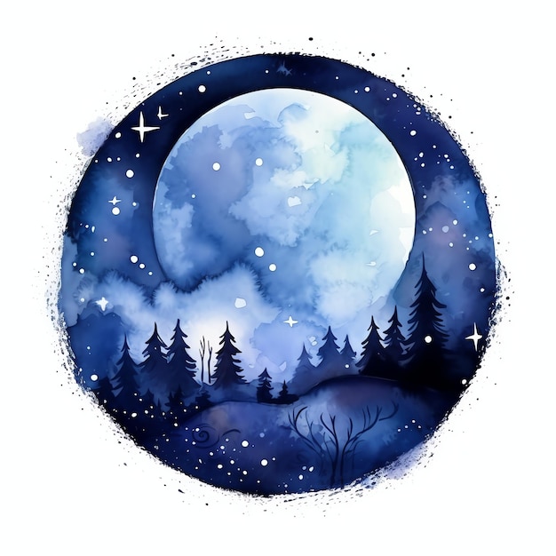 mooie maanverlichte nacht fantasie aquarel sprookje clipart illustratie