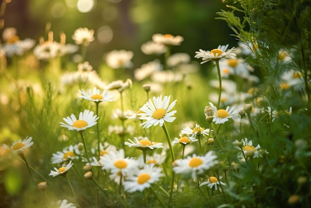 Mooie madeliefjes op groene weide in zonlicht Natuur achtergrond Generatieve AI