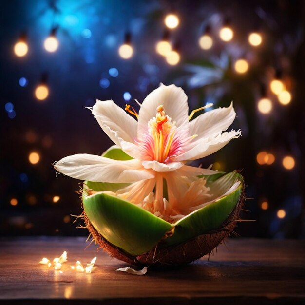 Mooie magische kokosnootbloem met magische lichten op de achtergrond.