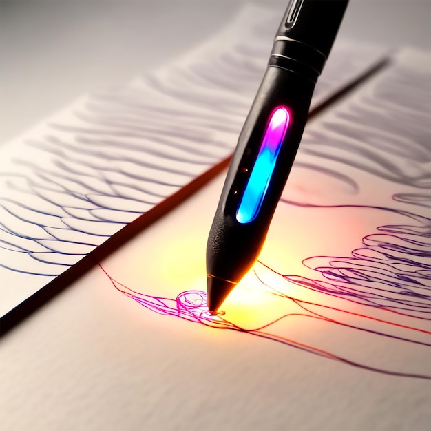 Foto mooie magische pen die licht en bewegingen rond een vel papier uitzendt