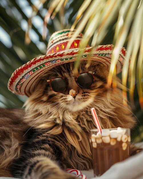 Mooie Maine Coon kat in een zonnebril en een sombrero hoed die onder een palmboom zit