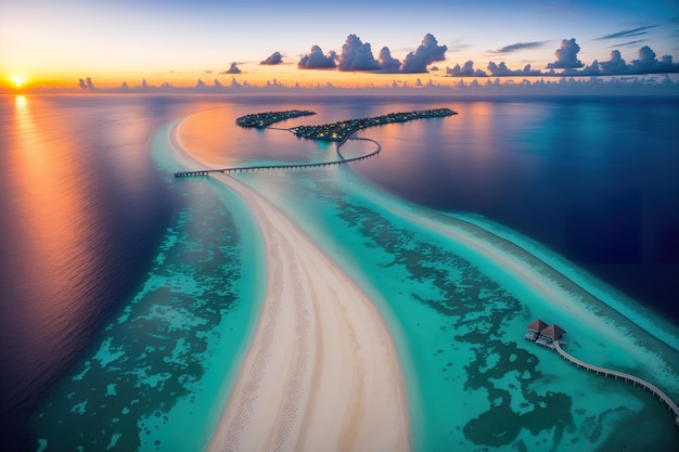 Mooie Maldiven paradijs zonsondergang tropisch luchtlandschap zeegebied water villa's prachtige zee hemel