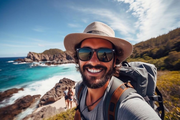 Mooie man met hoed en zonnebril die een selfie maakt op een zomervakantiedag.