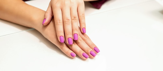 Mooie manicure met paars roze nagellak op jonge blanke vrouwelijke handen