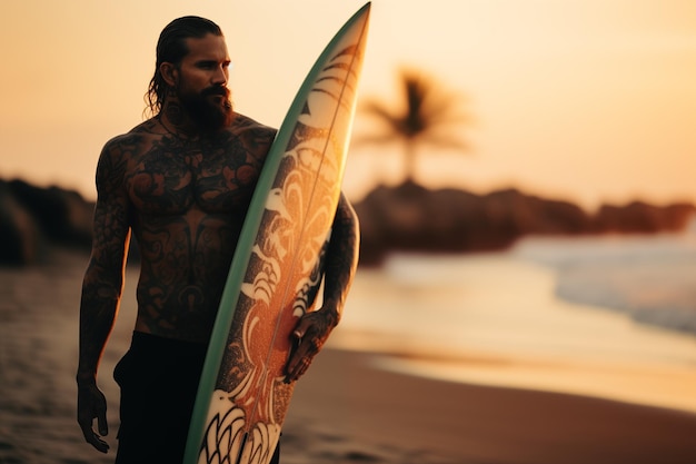 Mooie mannelijke surfer met surfplank op het zandstrand Watersport Gezonde actieve levensstijl