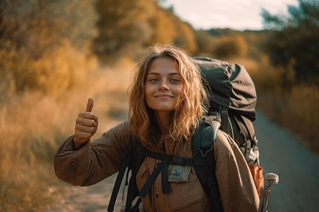 Mooie meid die geniet van backpacken en liften tijdens haar reizen Generatieve AI