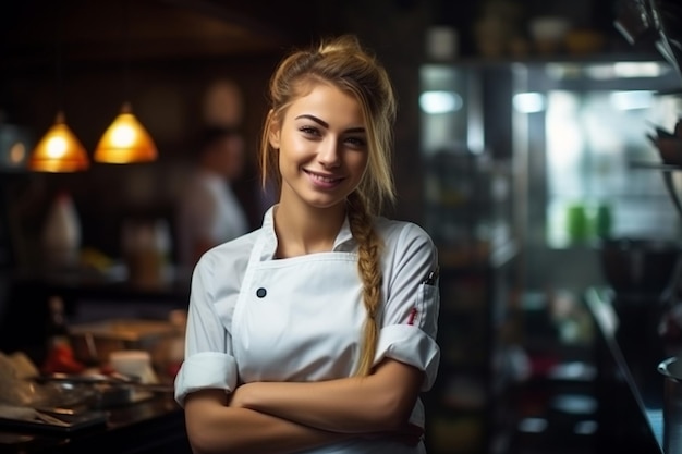 Mooie meisje chef-kok klaar om eten te koken in de keuken van het restaurant