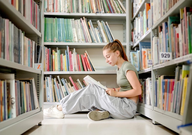 Mooie meisjestiener in bibliotheek