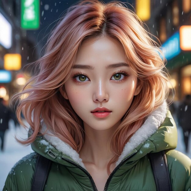 Mooie mensen, nachtstad, sneeuw valt, een mooi Koreaans meisje met roze haar.