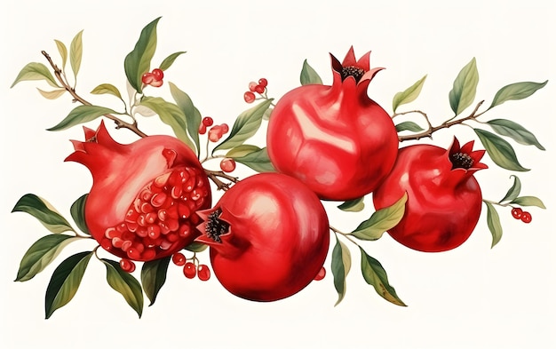 Mooie met de hand getekende aquarel granaatappelvruchten met bladeren en takken op een witte achtergrond