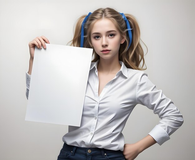 Foto mooie middelbare school meisje student met een leeg papier blad mockup