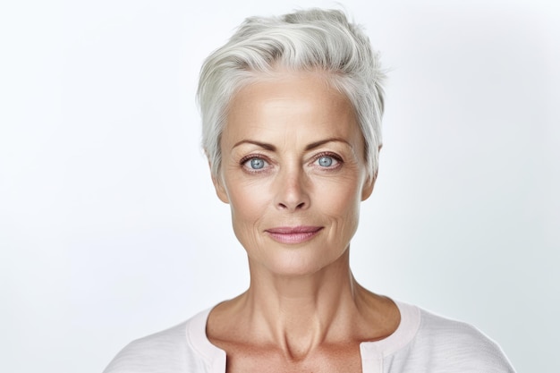 Mooie midden leeftijd volwassen vrouw kijken camera geïsoleerd op wit Oudere oude dame close-up portret Generatieve AI