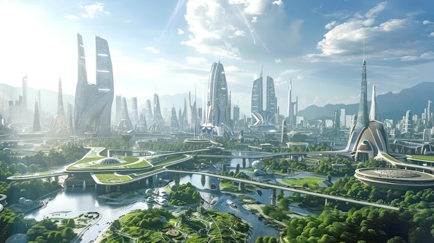 Mooie milieuvriendelijke stad met witte wolkenkrabbers rivier en groen AI gegenereerde illustratie