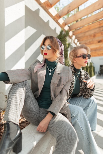 Mooie mode jonge vrouw met stijlvolle zonnebril in trendy grijze pak trui en schoenen zit met stijlvolle vriendin op straat Stedelijke vrouwelijke herfst look kleding