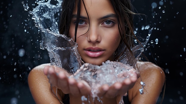 Mooie modelvrouw met water in haar handen natuurlijke cosmetische huidverzorging Schoonheidsportret