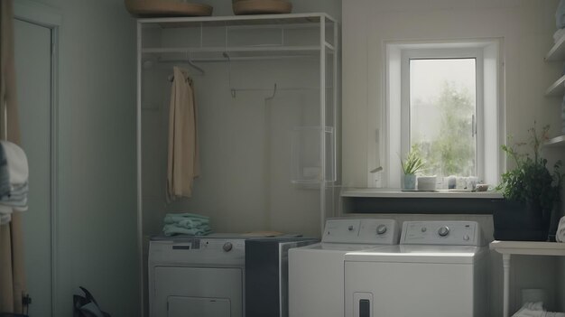 Mooie moderne wasmachine en planken in het interieur van de waskamer