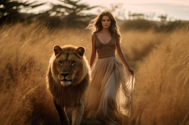Mooie modieuze jonge vrouw met een leeuw symboliseert het sterrenbeeld