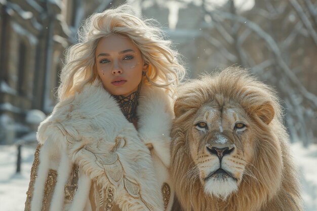 Mooie modieuze jonge vrouw met een mooie grote leeuw.
