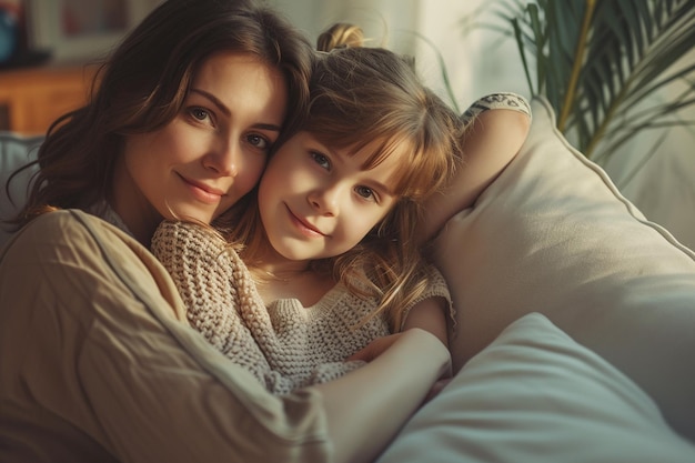 Mooie moeder en dochter knuffelen en glimlachen terwijl ze thuis op de bank zitten met een AI-generator.