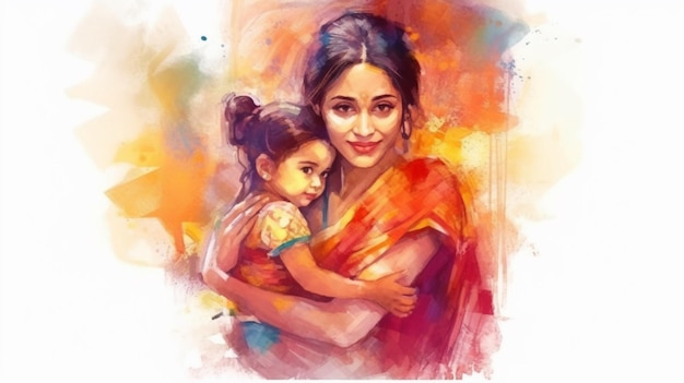Mooie moeder met een kind kleurrijke aquarel illustratie gelukkige moederdag generatieve AI