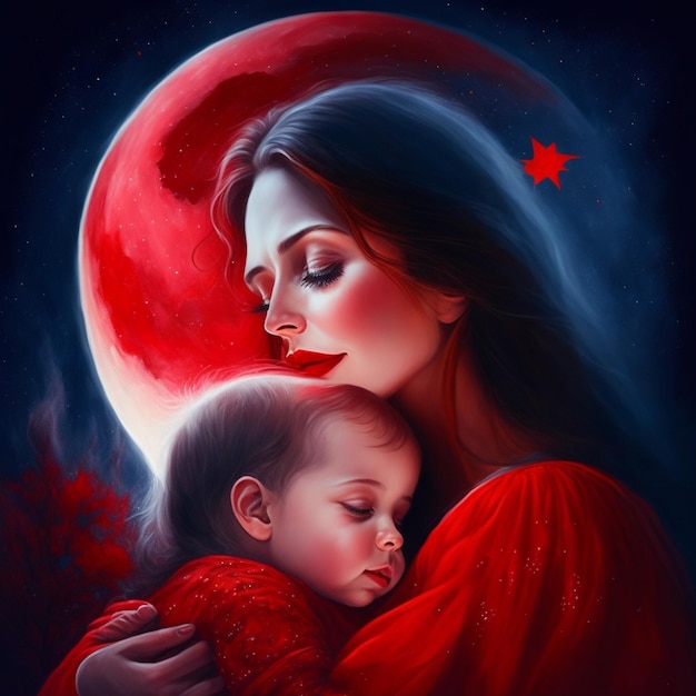 Mooie moeder met een schattig kind in haar armen beschilderd met rode verf