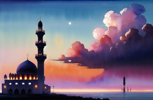 Mooie Moskee Nacht Achtergrond voor Ramadan Kareem Eid Mubarak Moslim Festival van Ramzan Aquarel Islamitisch Concept Banner van Masjid Islamitische architectuur Generatieve AI