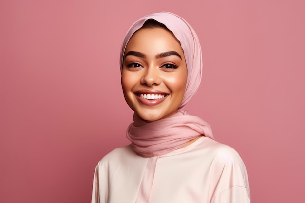 Mooie moslimvrouw, gekleed in een roze hoofddoek