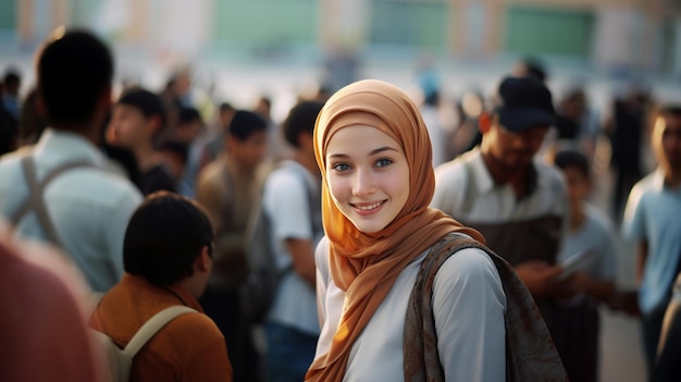 Mooie moslimvrouw met hijab en kijkt naar de camera met een menigte mensen op de achtergrond