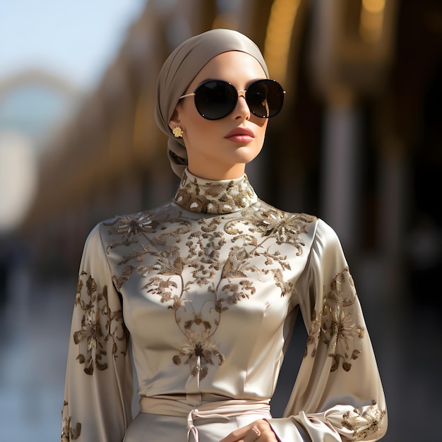 Mooie moslimvrouw met islamitische hijab en witte jurken geborduurd met goud
