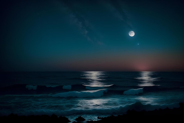 mooie nacht in de oceaan met volle maan en zwarte lucht