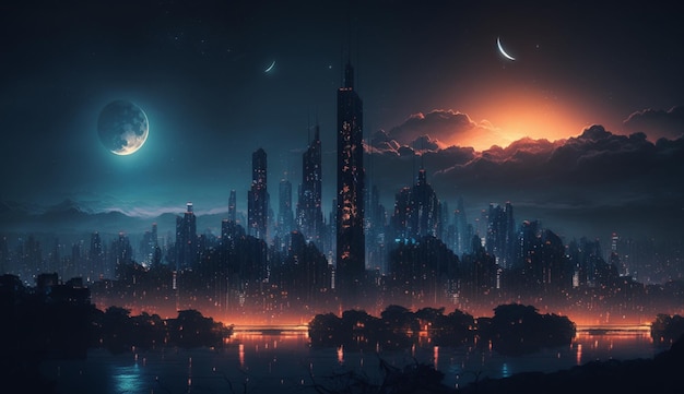 Mooie nacht stadslichten hoge resolutie wolkenkrabbers fotografie afbeelding AI gegenereerde kunst