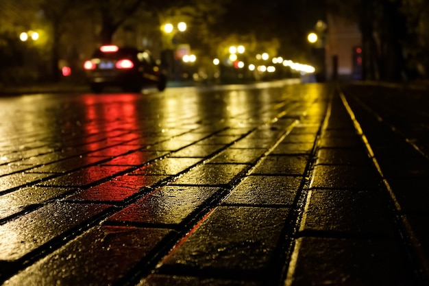 Mooie nachtbestrating in de stad na regen