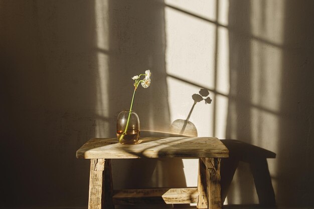 Mooie narcissen in vaas op rustieke houten bankje op achtergrond van moderne kamer in zonlicht Bruidsnarcis close-up Stijlvolle boerderij interieur Sfeervolle lentebloemen