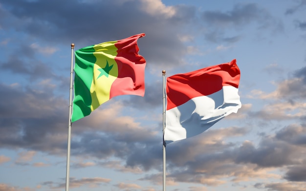 Mooie nationale vlaggen van Senegal en Indonesië samen op blauwe hemel