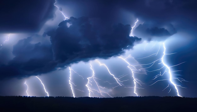 Mooie natuurlijke achtergrond met een bliksemflits in donkerblauwe wolken tijdens onweersbuien