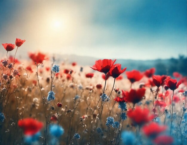 Mooie natuurlijke bloemrijke achtergrond met een veld vol bloeiende bloemen