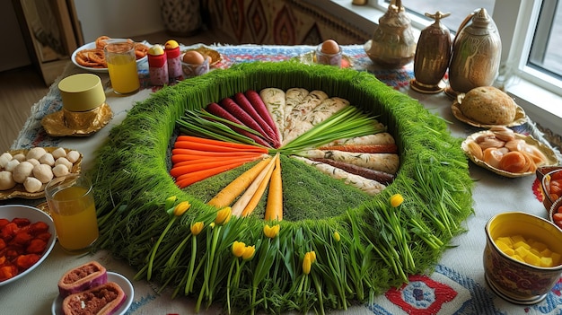 Mooie Novruz tafel in pastelkleuren met tarwe gras Generative Ai