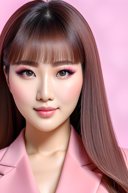 Mooie ogen en fantastisch gezicht Koreaanse vrouw in roze mooie uiterlijk Oosterse vrouw