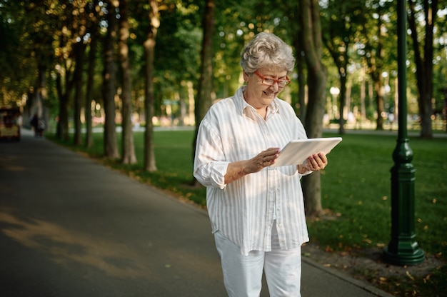 Mooie oma met laptop in zomerpark