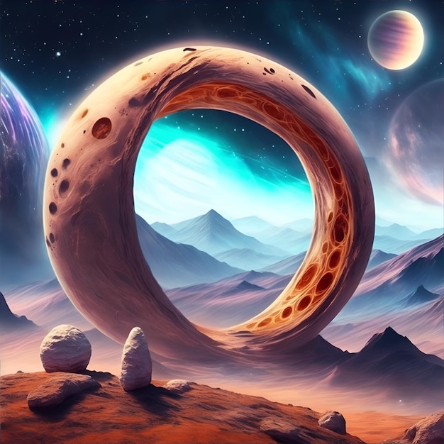 Mooie onwerkelijke fantasie buitenaardse landschap in de woestijn met planeten en sterren in het universum