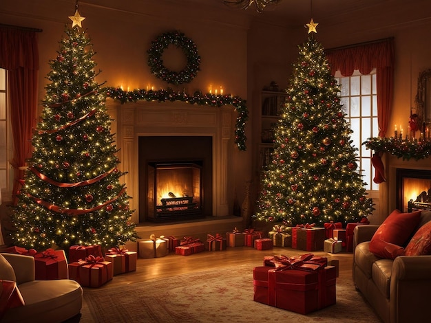 Mooie open haard kerstboom en andere decoraties in de woonkamer's nachts Interieurontwerp