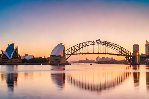 Foto mooie opname van de sydney harbour bridge met een lichtroze en blauwe hemel