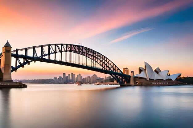 Mooie opname van de Sydney Harbour Bridge met een lichtroze en blauwe hemel