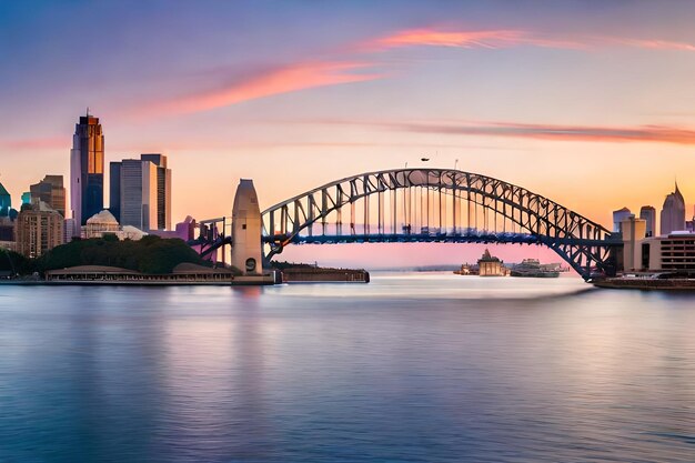 Foto mooie opname van de sydney harbour bridge met een lichtroze en blauwe hemel