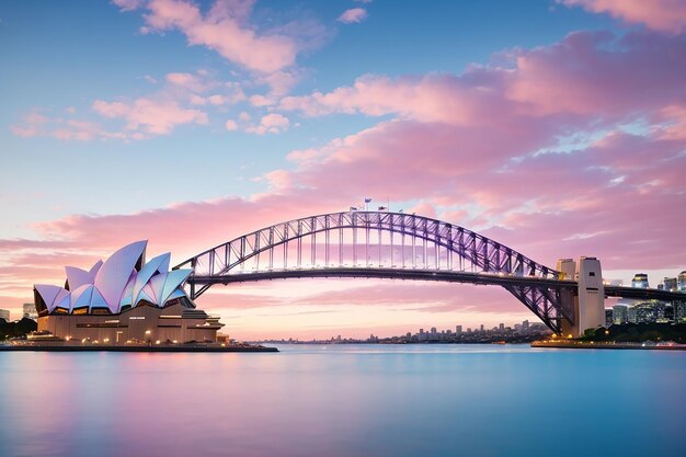 Foto mooie opname van de sydney harbour bridge met een lichtroze en blauwe hemel