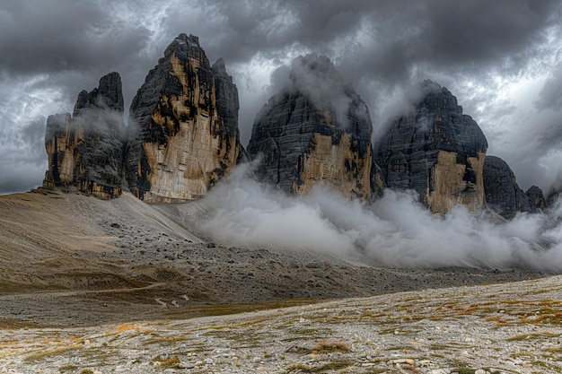 Mooie opname van de tre cime di lavaredo bergen met een bewolkte lucht