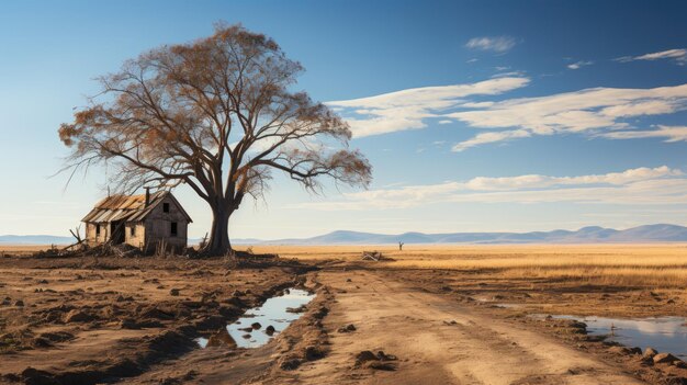 Mooie opname van een oud verlaten huis midden in een woestijn vlakbij een dode bladloze boom